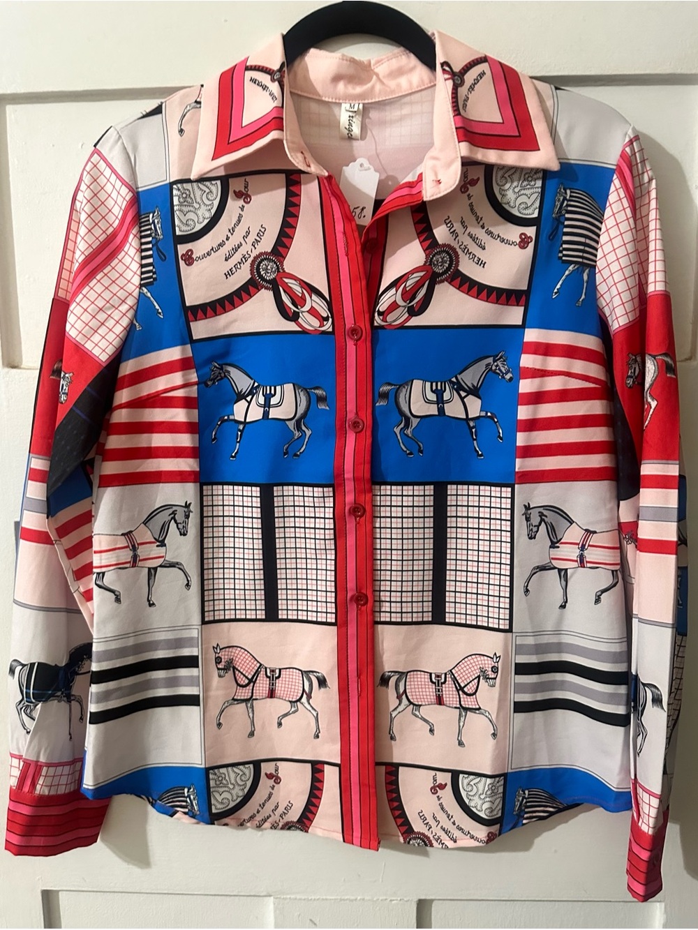 Equestrian Print Button-Up Shirt in Pink, Blue & Red